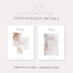 May include: Two white guides with the text "Wedding guide" and "Album guide" on them. The guide on the left has a collage of wedding photos. The guide on the right has a photo of a person holding a white album.