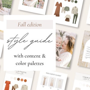 Photography style guide with content, Fall guide, Client closet Canva template, What to wear, Fall and winter family session, color palettes