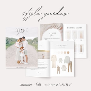 Photography style guide with content, Season Bundle, Canva Template with Color Palettes, What to wear, Summer, Fall, Winter Outfit Styling