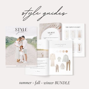 Photography style guide with content, Season Bundle, Canva Template with Color Palettes, What to wear, Summer, Fall, Winter Outfit Styling