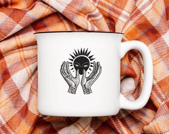Alien Coffee Mug: Boho UFO Gift, Black Rim Ceramic