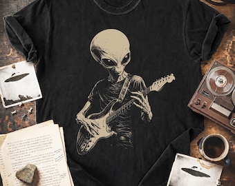 Grey Alien Playing Electric Guitar Comfort Colors 1717 T Shirt Vintage Rock Music UFO Graphic Tee