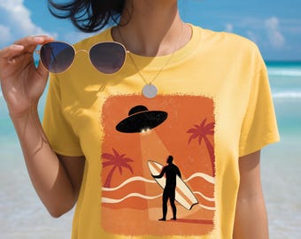 UFO Surfer T-Shirt: Retro Alien Beach Graphic Tee