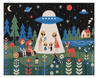 UFO Jigsaw Puzzle, 520 piece Alien Family Activity, Retro Space Friends Art, 16X20 Adult Puzzle in Gift Box