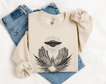 Mystical Hands UFO Sweatshirt: Celestial Alien Pullover, Spiritual Space Art