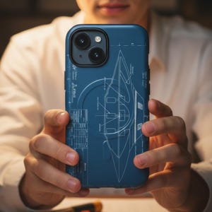 May include: A blue phone case featuring a blueprint design. The case has a matte finish and a detailed white graphic. The phone case has a dual-camera system and is held by a person wearing a white shirt.