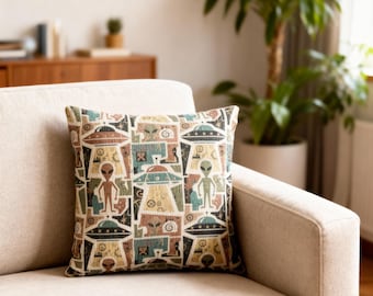 Woven Alien UFO Throw Pillow in Retro Abstract Pattern