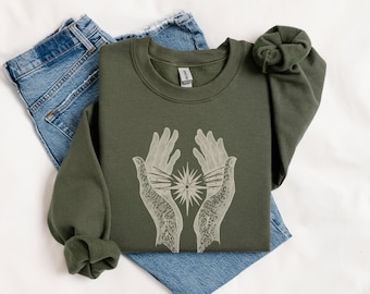 Spiritual Energy Hands Sweatshirt: New Age Cosmic Vibes Pullover