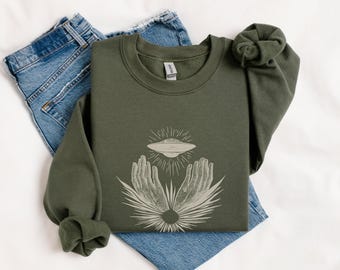 Mystical Hands UFO Sweatshirt: Celestial Alien Pullover, Spiritual Space Art
