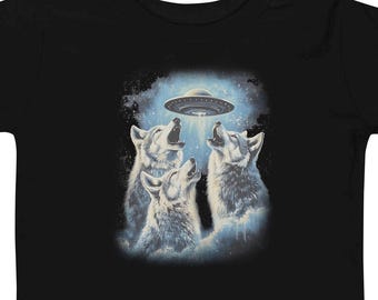 Toddler UFO Shirt Funny Alien Tee Howling Wolves T-Shirt Retro Space Theme Kids Graphic Tee Outer Space Shirt Boy Girl Gift Idea Sci-Fi