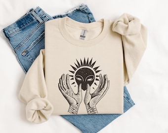 Alien Spirit Sweatshirt: Unisex UFO Crewneck Pullover, Cosmic Hands Art