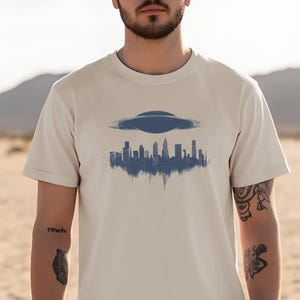 TShirt of UFO Cityscape Sand Cotton Invasion Over City Shirt Cool Alien Fashion Tee Unisex Graphic Tee UFO Shirt Galactic Federation UAP Tee