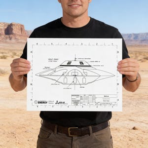 Unframed UFO Schematic Graphic Print, 12 X 16 Matte Paper Wall Art Alien Spacecraft Blueprint Area 51 Wall Decor
