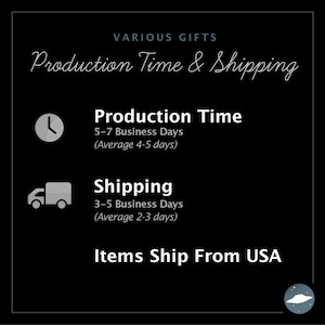 May include: Black graphic with white text that reads "VARIOUS GIFTS Production Time & Shipping." The graphic includes text about production and shipping times, and states that items ship from the USA.