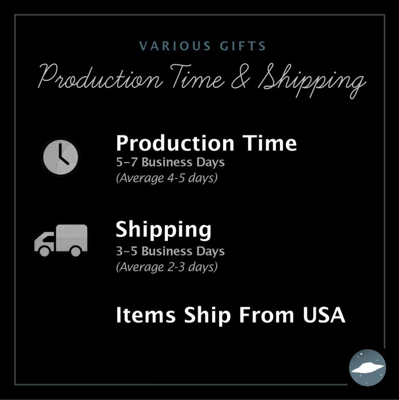 May include: Black graphic with white text that reads "VARIOUS GIFTS Production Time & Shipping." The graphic includes text about production and shipping times, and states that items ship from the USA.
