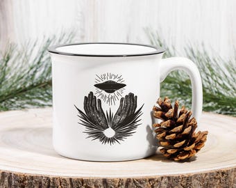 Alien UFO Drawing Mug, Boho Coffee Cup, 13oz Black Rim