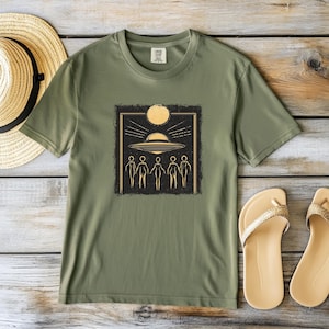 Alien UFO Flying Saucer T-Shirt Earthy Alien Arrival Graphic Tee Comfort Colors UFO Gift Spaceship Shirt SciFi Art Alien Galactic Federation