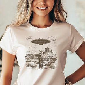 Western Cowboy UFO Tshirt, Vintage Cowboy Alien T-shirt, Vintage 90s Shirt, Washed Shirt, Vintage Distressed Shirt, UFO Western Shirt,
