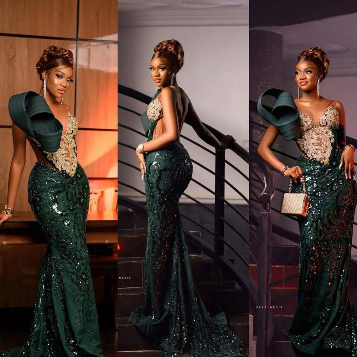 Emerald Green Dinner Lace Asoebi Dinner Dress Green Prom Etsy