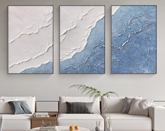 3D Minimalist Blue Ocean Painting on Canvas Earth Tone Waves Art Texture Wall Art Wabi-Sabi  set of 3 Wall Art Living Room Painting