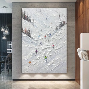 Sport de ski original peinture sur toile peinture personnalisée texture art mural cadeau personnalisé skieur sur montagne enneigée art neige blanche ski image 1