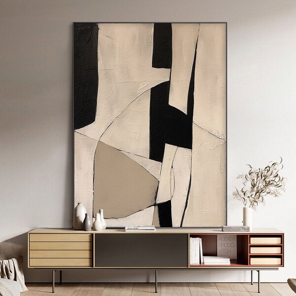 Art mural wabi sabi beige, tableau abstrait beige noir, grand tableau d'art mural minimaliste noir, toile texturée beige, décoration murale neutre