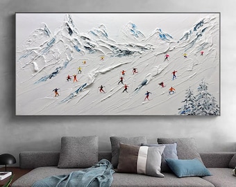 Original Ski Sport Painting on Canvas Custom Painting Texture Wall Art Personalized Gift Skier on Snowy Mountain Art White Snow Skiing Art