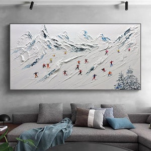 Original Gemälde auf Leinwand skisport benutzerdefinierte Malerei Textur Wandkunst personalisierte Geschenk Skifahrer auf verschneiten Berg Kunst weißer Schnee Skilaufen Kunst. Bild 1