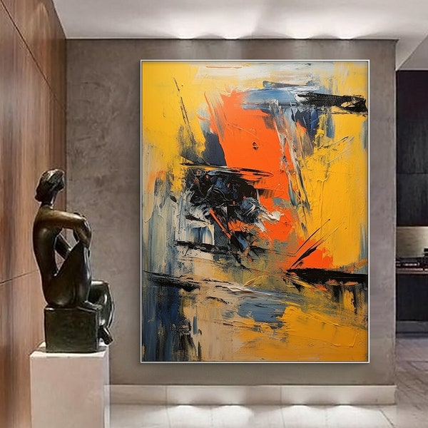 Grande peinture jaune art abstrait, très grande peinture sur toile, grande peinture abstraite orange, art contemporain peinture à l'huile moderne