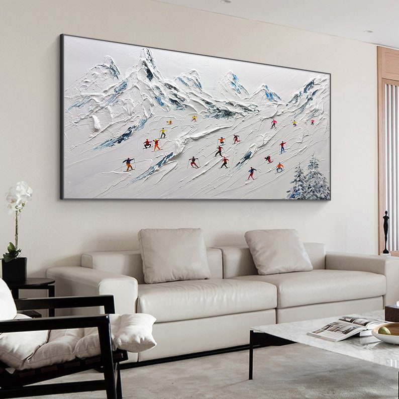 Original Gemälde auf Leinwand skisport benutzerdefinierte Malerei Textur Wandkunst personalisierte Geschenk Skifahrer auf verschneiten Berg Kunst weißer Schnee Skilaufen Kunst. Bild 5