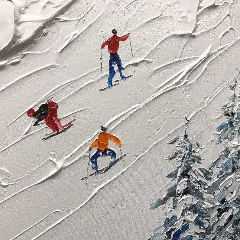 Original Gemälde auf Leinwand skisport benutzerdefinierte Malerei Textur Wandkunst personalisierte Geschenk Skifahrer auf verschneiten Berg Kunst weißer Schnee Skilaufen Kunst. Bild 3