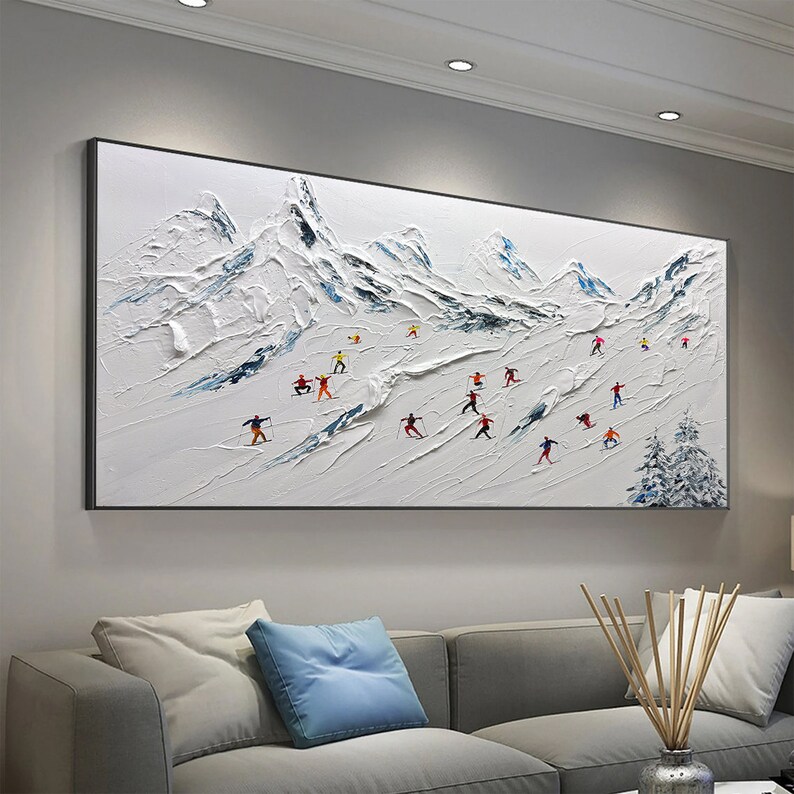 Original Gemälde auf Leinwand skisport benutzerdefinierte Malerei Textur Wandkunst personalisierte Geschenk Skifahrer auf verschneiten Berg Kunst weißer Schnee Skilaufen Kunst. Bild 2