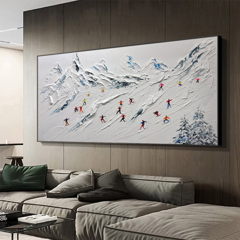 Original Gemälde auf Leinwand skisport benutzerdefinierte Malerei Textur Wandkunst personalisierte Geschenk Skifahrer auf verschneiten Berg Kunst weißer Schnee Skilaufen Kunst. Bild 6