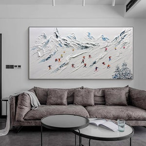 Original Gemälde auf Leinwand skisport benutzerdefinierte Malerei Textur Wandkunst personalisierte Geschenk Skifahrer auf verschneiten Berg Kunst weißer Schnee Skilaufen Kunst. Bild 7