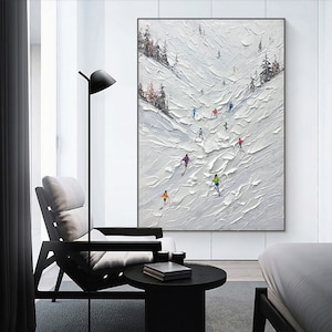 Sport de ski original peinture sur toile peinture personnalisée texture art mural cadeau personnalisé skieur sur montagne enneigée art neige blanche ski image 2