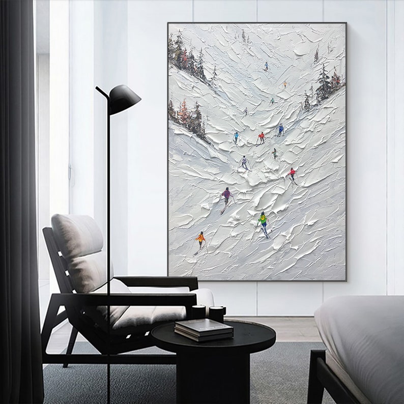 Sport de ski original peinture sur toile peinture personnalisée texture art mural cadeau personnalisé skieur sur montagne enneigée art neige blanche ski image 2