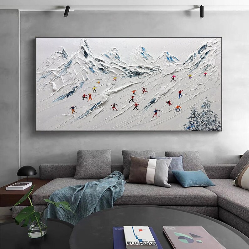 Original Gemälde auf Leinwand skisport benutzerdefinierte Malerei Textur Wandkunst personalisierte Geschenk Skifahrer auf verschneiten Berg Kunst weißer Schnee Skilaufen Kunst. Bild 1