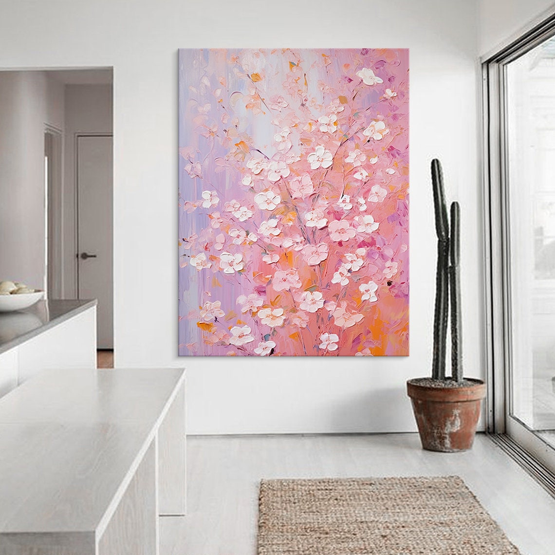 Abstract Pink Flower Oil Painting on Canvas, Original Floral Wall Art ...