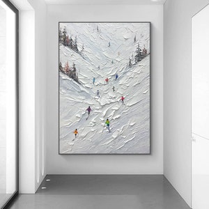 Sport de ski original peinture sur toile peinture personnalisée texture art mural cadeau personnalisé skieur sur montagne enneigée art neige blanche ski image 8