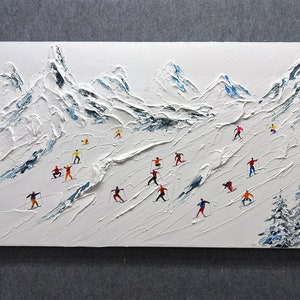 Original Gemälde auf Leinwand skisport benutzerdefinierte Malerei Textur Wandkunst personalisierte Geschenk Skifahrer auf verschneiten Berg Kunst weißer Schnee Skilaufen Kunst. Bild 4