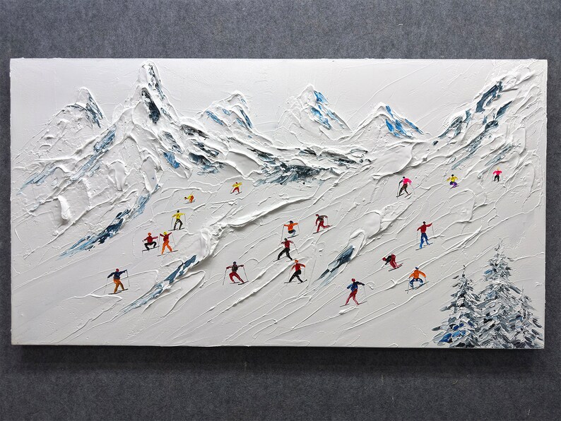 Original Gemälde auf Leinwand skisport benutzerdefinierte Malerei Textur Wandkunst personalisierte Geschenk Skifahrer auf verschneiten Berg Kunst weißer Schnee Skilaufen Kunst. Bild 4