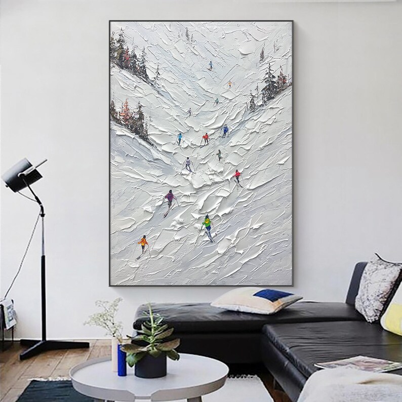 Sport de ski original peinture sur toile peinture personnalisée texture art mural cadeau personnalisé skieur sur montagne enneigée art neige blanche ski image 5