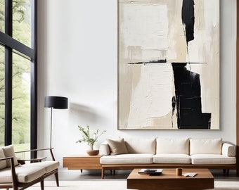 Großes minimalistisches beige-schwarzes Leinwandgemälde, einzigartige schwarz-weiß-beige abstrakte Kunst, schwarze 3D-strukturierte Wanddekoration, moderne Wohndekoration