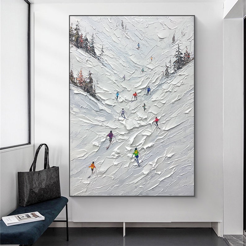 Sport de ski original peinture sur toile peinture personnalisée texture art mural cadeau personnalisé skieur sur montagne enneigée art neige blanche ski image 7