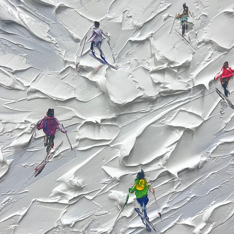 Sport de ski original peinture sur toile peinture personnalisée texture art mural cadeau personnalisé skieur sur montagne enneigée art neige blanche ski image 4