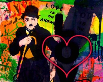 Motif Charlie Chaplin Street Art love is the answer up to 150 x 150 cm Gallery Print/Canvas Print/XXL Print/XXL Formats/Alu Dibond/Pop Art