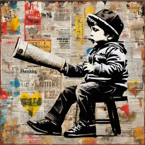 Omaggio a Banksy Big dream Little Boy Stampa collage di giornale fino a 80 x 80 cm Tela/Carta per poster/Alluminio Dibond/ArgentoAlluminio/Pop Art/Street Art