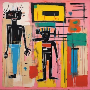 Pode incluir: Pintura abstrata com duas figuras em preto, azul e amarelo sobre um fundo rosa. As figuras são estilizadas e têm formas geométricas. A pintura está cheia de linhas e cores.