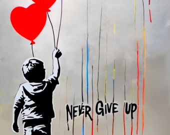 Boy with Balloon Motivation Never give up Silver Grey Color Love Heart Banksy Homage Pop Art XXL Framed Pictures Wall Decor XXL Print Poster
