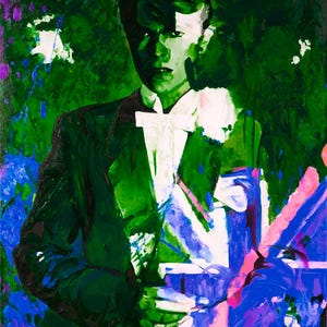 May include: An abstract painting of a person in a dark suit and white bow tie, set against a green background. The artwork incorporates blue, pink, and white brushstrokes, with a Union Jack design. The painting has a bold, expressive style.